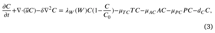𝜕 𝐶 𝜕 𝑡+∇⋅(⃖⃗𝑢𝐶)−𝛿∇2𝐶= 𝜆𝑊(𝑊)𝐶(1−𝐶 𝐶0 )−𝜇𝑇 𝐶𝑇 𝐶−𝜇𝐴𝐶𝐴𝐶−𝜇𝑃 𝐶𝑃 𝐶−𝑑𝐶𝐶 , (3)
