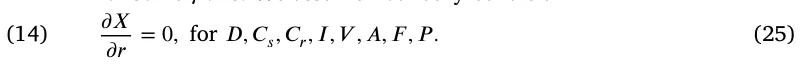 (14) 𝜕 𝑋 𝜕 𝑟= 0, for 𝐷 , 𝐶𝑠, 𝐶𝑟, 𝐼 , 𝑉 , 𝐴, 𝐹 , 𝑃 . (25)