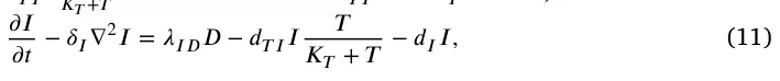 𝜕 𝐼 𝜕 𝑡−𝛿𝐼∇2𝐼= 𝜆𝐼 𝐷𝐷−𝑑𝑇 𝐼𝐼 𝑇 𝐾𝑇+ 𝑇−𝑑𝐼𝐼 , (11)