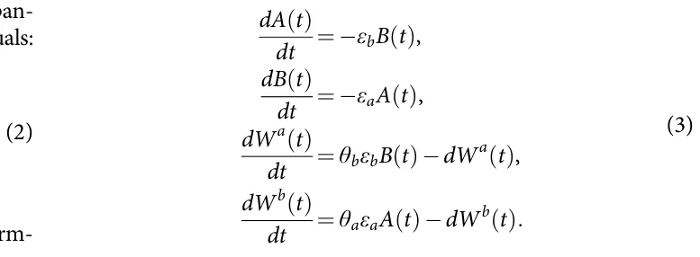 (2) dA t( ) dt = −εbB t( ), dB t( ) dt = −εaA t( ), dWa t( ) dt = θbεbB t( )−dWa t( ), dWb t( ) dt = θaεaA t( )−dWb t( ). (3)