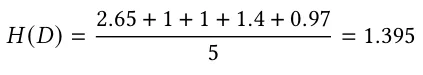 𝐻 (𝐷) = 2.65 + 1 + 1 + 1.4 + 0.97 5 = 1.395