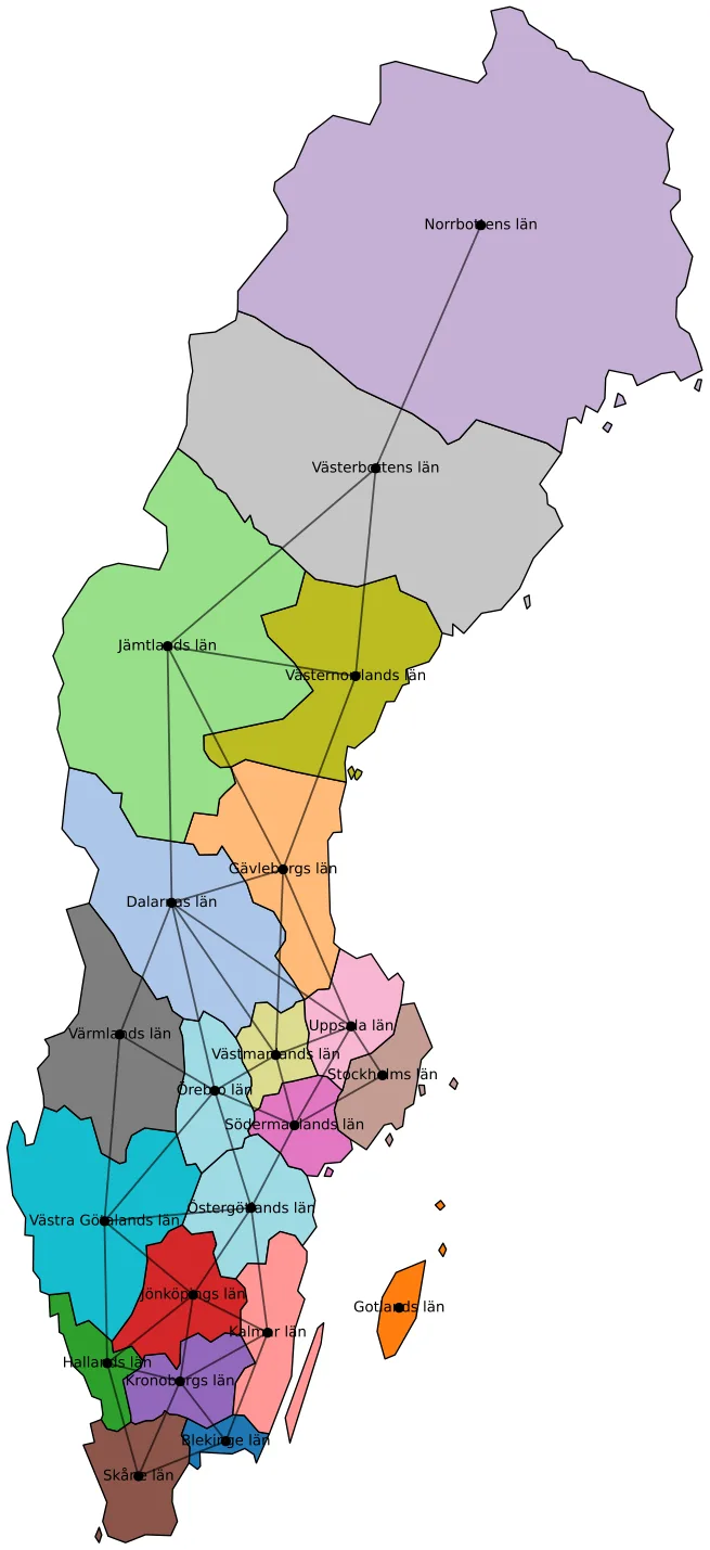 Fig. 2 The 21 Swedish regions with lines connecting their centroids if they share a geographical border