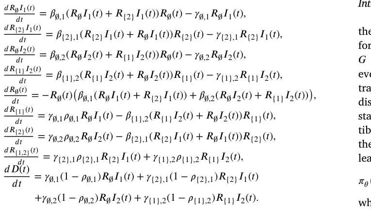 𝑑𝑅∅𝐼1(𝑡) 𝑑𝑡 = 𝛽∅,1(𝑅∅𝐼1(𝑡) + 𝑅{2}𝐼1(𝑡))𝑅∅(𝑡) −𝛾∅,1𝑅∅𝐼1(𝑡), 𝑑𝑅{2}𝐼1(𝑡) 𝑑𝑡 = 𝛽{2},1(𝑅{2}𝐼1(𝑡) + 𝑅∅𝐼1(𝑡))𝑅{2}(𝑡) −𝛾{2},1𝑅{2}𝐼1(𝑡), 𝑑𝑅∅𝐼2(𝑡) 𝑑𝑡 = 𝛽∅,2(𝑅∅𝐼2(𝑡) + 𝑅{1}𝐼2(𝑡))𝑅∅(𝑡) −𝛾∅,2𝑅∅𝐼2(𝑡), 𝑑𝑅{1}𝐼2(𝑡) 𝑑𝑡 = 𝛽{1},2(𝑅{1}𝐼2(𝑡) + 𝑅∅𝐼2(𝑡))𝑅{1}(𝑡) −𝛾{1},2𝑅{1}𝐼2(𝑡), 𝑑𝑅∅(𝑡) 𝑑𝑡 = −𝑅∅(𝑡)(𝛽∅,1(𝑅∅𝐼1(𝑡) + 𝑅{2}𝐼1(𝑡))