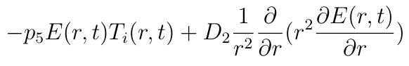 −p5E(r, t)Ti(r, t) + D2 1 r2 ∂ ∂r(r2∂E(r, t) ∂r )