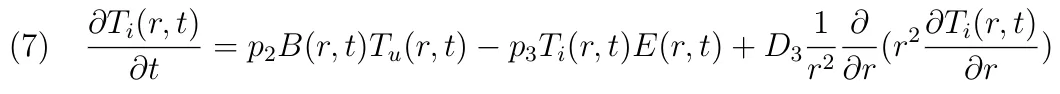 (7) ∂Ti(r, t) ∂t = p2B(r, t)Tu(r, t) −p3Ti(r, t)E(r, t) + D3 1 r2 ∂ ∂r(r2∂Ti(r, t) ∂r )