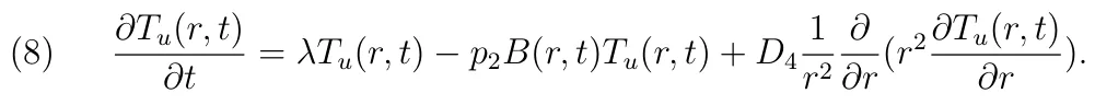 (8) ∂Tu(r, t) ∂t = λTu(r, t) −p2B(r, t)Tu(r, t) + D4 1 r2 ∂ ∂r(r2∂Tu(r, t) ∂r ).