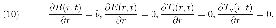 (10) ∂B(r, t) ∂r = b, ∂E(r, t) ∂r = 0, ∂Ti(r, t) ∂r = 0, ∂Tu(r, t) ∂r = 0.
